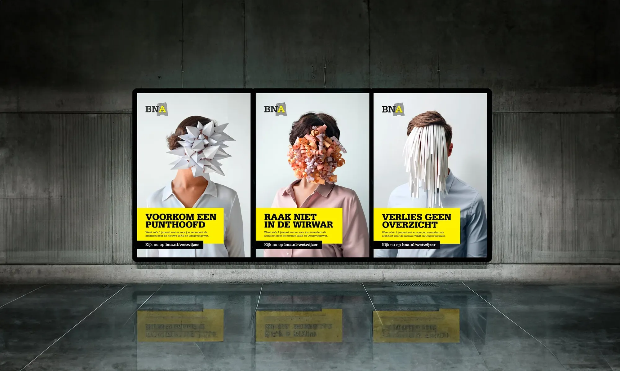 BNA-campagne Voorkom kopzorgen over de Omgevingswet en Wkb: drie posters met hoofden van gevouwen papier, bloemen en snippers