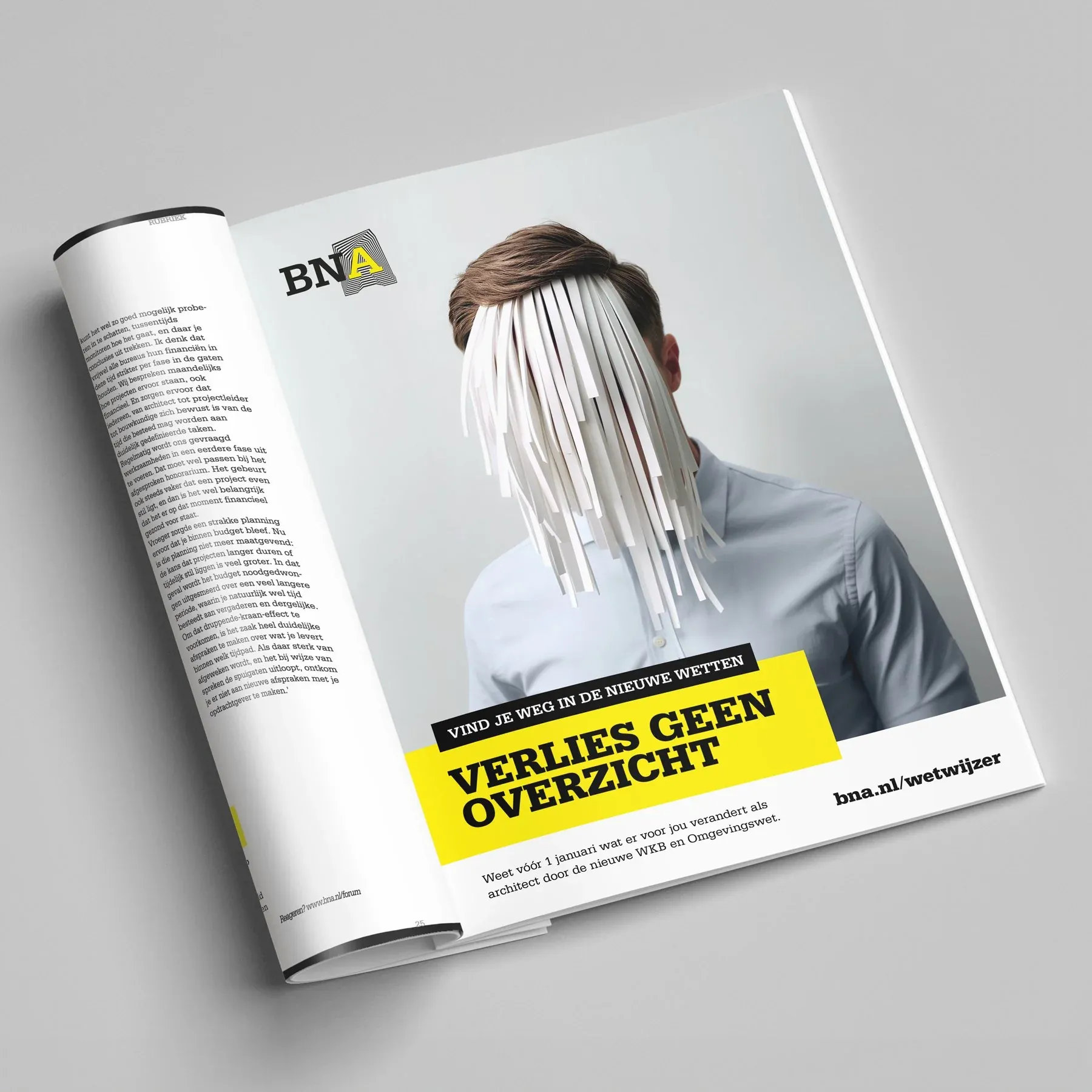Tijdschriftadvertentie BNA: "Verlies geen overzicht", man met een hoofd van papiersnippers. Verwijst naar bna.nl/wetwijzer