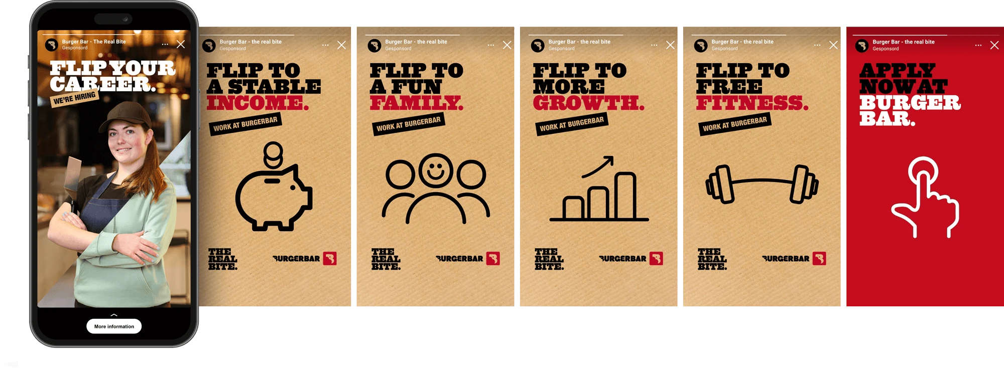 Wervingscampagne Burgerbar in stories: "Flip your career", met flip to a stable income, family, growth en fitness