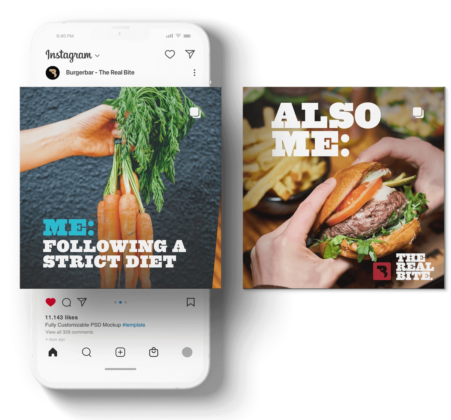 Instagram-post Burgerbar: "Me: following a strict diet" met wortels, "Also me:" met een burger