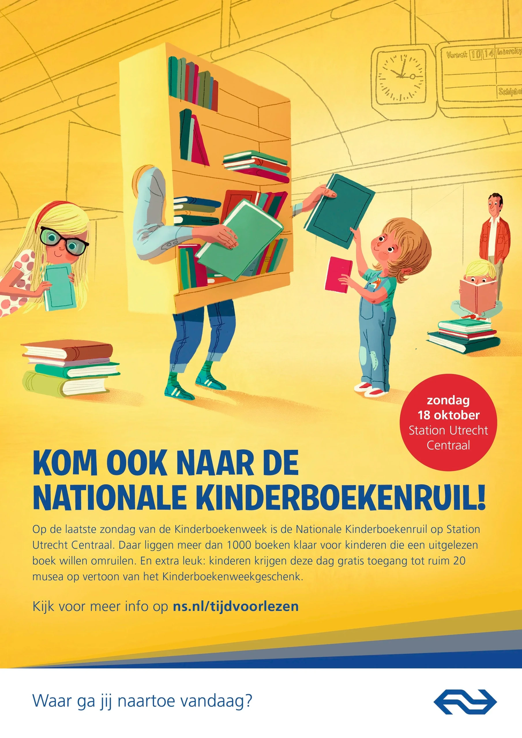 Affiche NS Nationale Kinderboekenruil: een geïllustreerde boekenkast met armen geeft een kind een boek