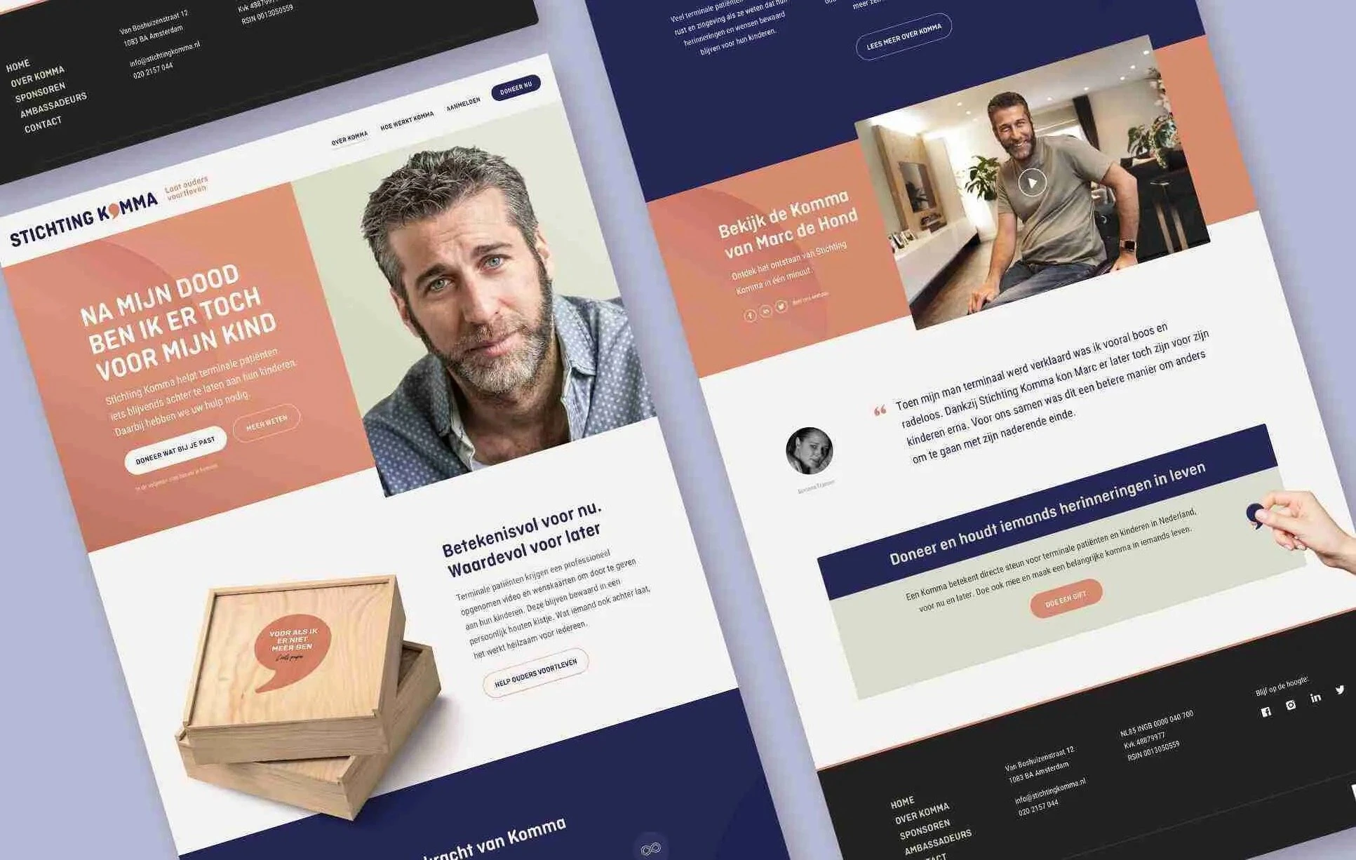 Websiteontwerp Stichting Komma: "Na mijn dood ben ik er toch voor mijn kind", met de houten Komma-kist