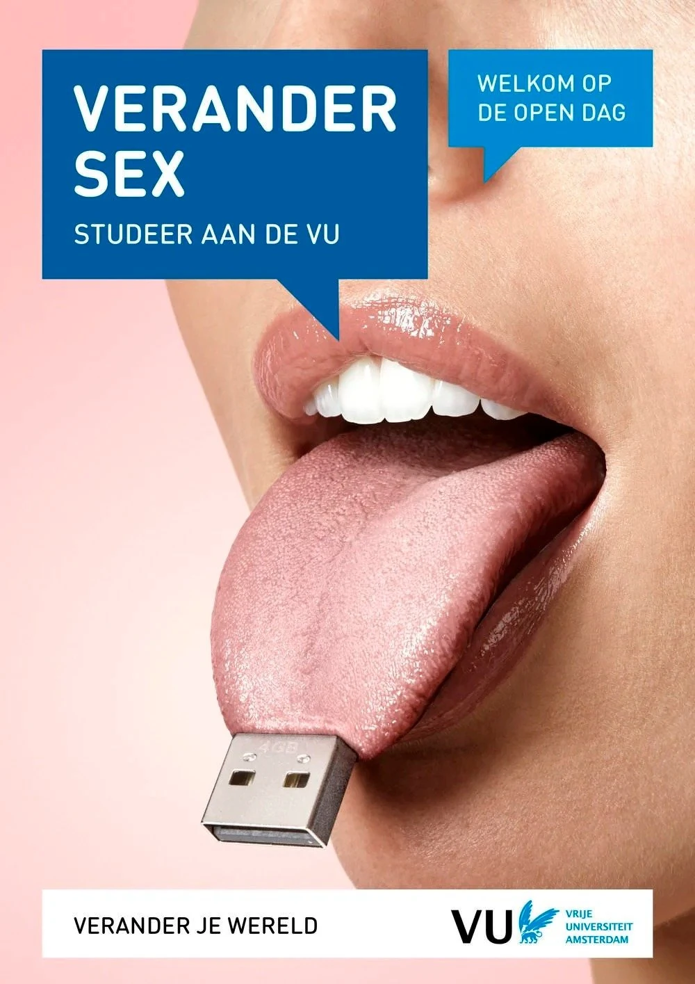 Affiche VU-campagne: "Verander sex", tong met een usb-stekker