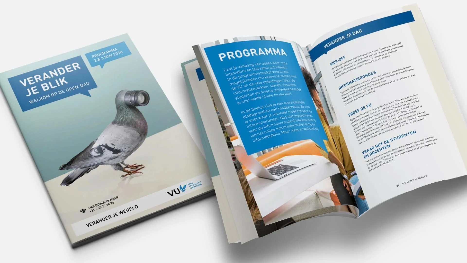 Brochure VU open dag: "Verander je blik", duif met een verrekijker als kop