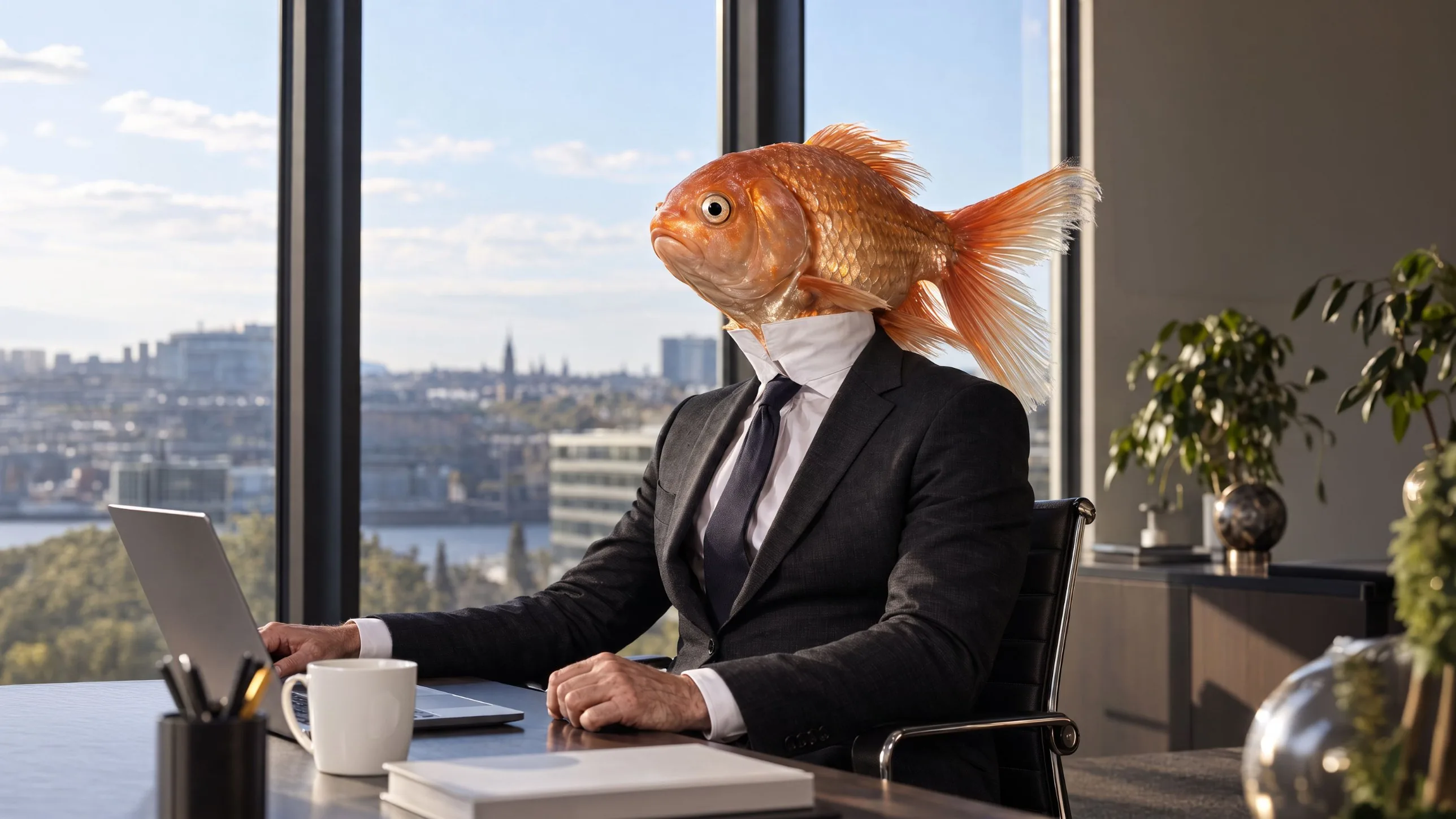 Zakenman in pak met een goudvis als hoofd, aan zijn bureau in een kantoor met uitzicht over de stad